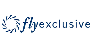 A blue logo for fly exclusive with a swirl on a white background.