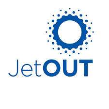 The logo for jetout is a blue sun with dots around it.