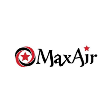 A red and black logo for a company called maxair.