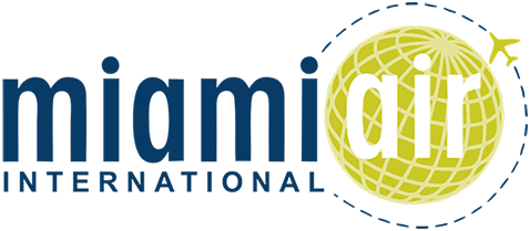 A logo for miami air international with a globe in the middle