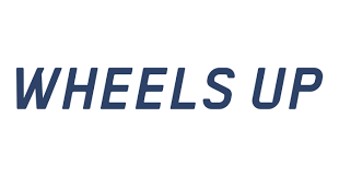 The logo for wheels up is blue and white on a white background.