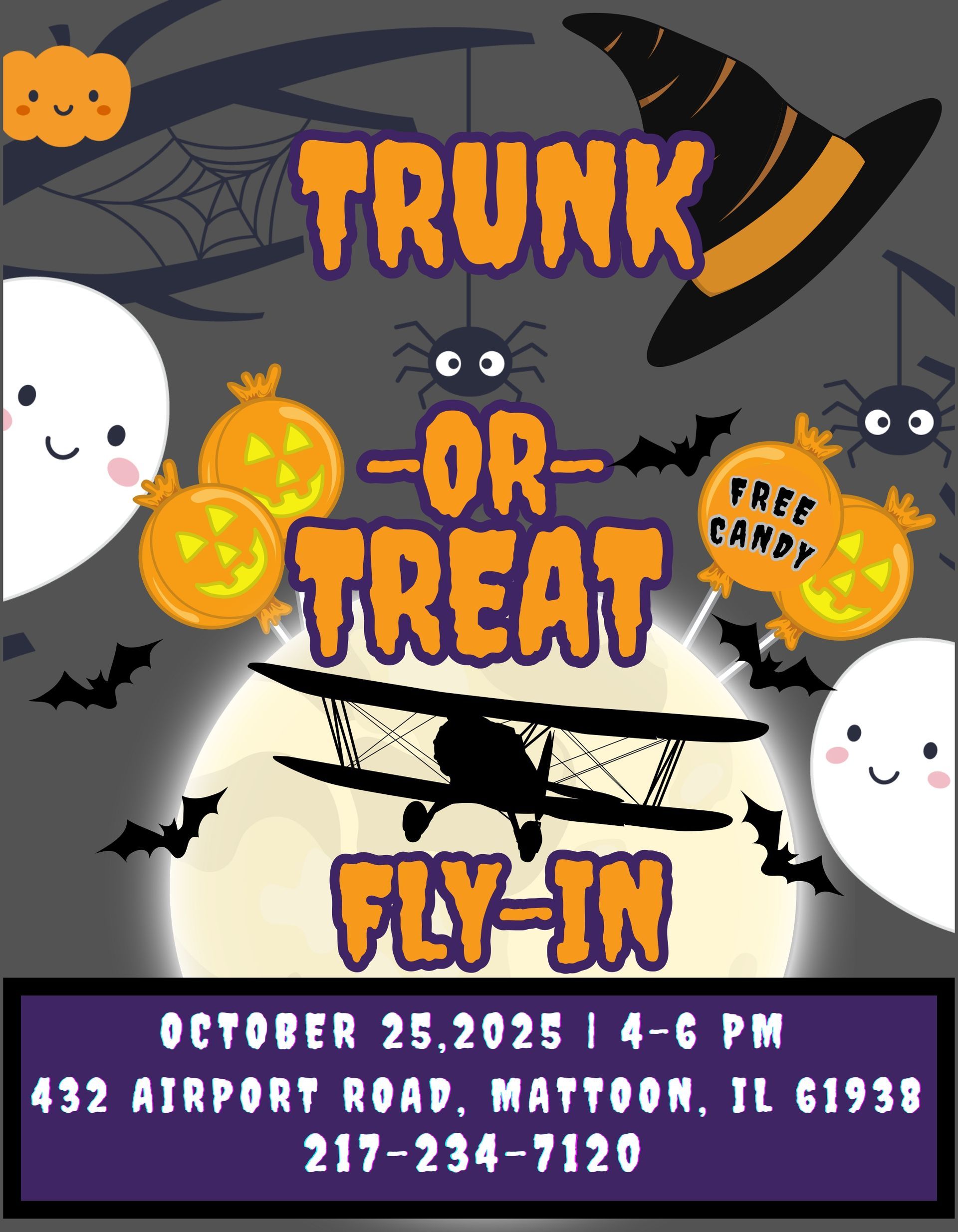 Halloween event flyer, Trunk or Treat Fly-in with pumpkins, bats, a witch hat, an airplane, and ghosts at 432 Airport Road, Mattoon, IL.