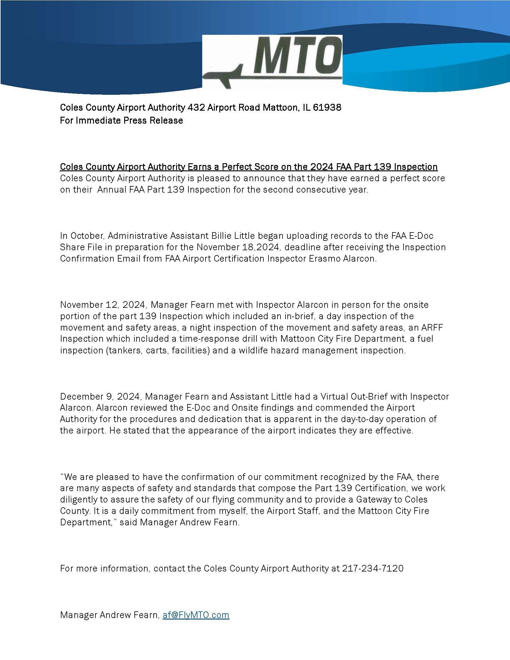 Coles County Memorial Airport Press Release