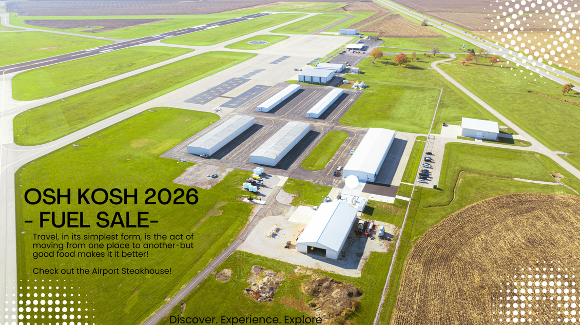 Aerial view of an industrial fuel-sale site with green fields and buildings labeled “OSH KOSH 2026 - FUEL SALE”