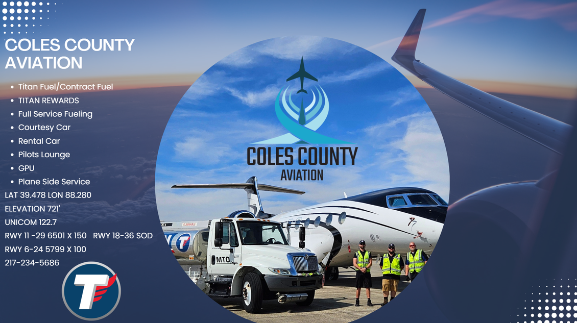 Coles County Aviation promo poster with small plane, vehicles, and runway scene at sunset