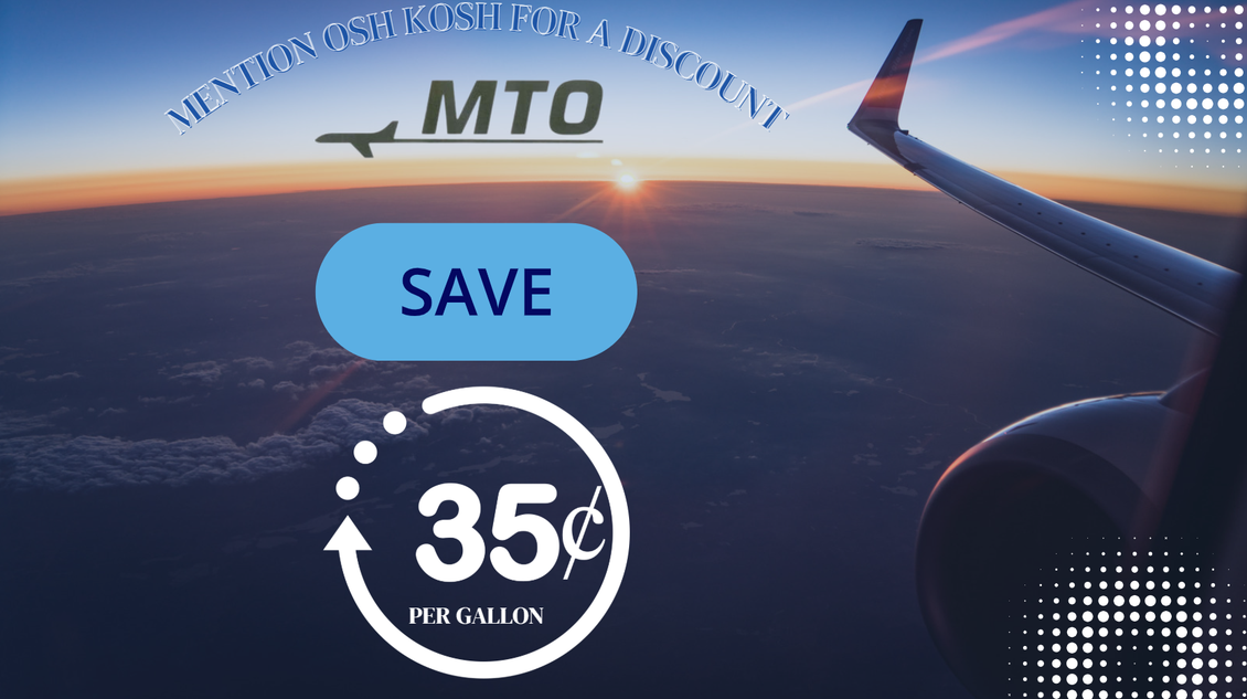 MTO airline promo on airplane wing at sunrise, with “SAVE” button and “35¢ per gallon” fuel offer