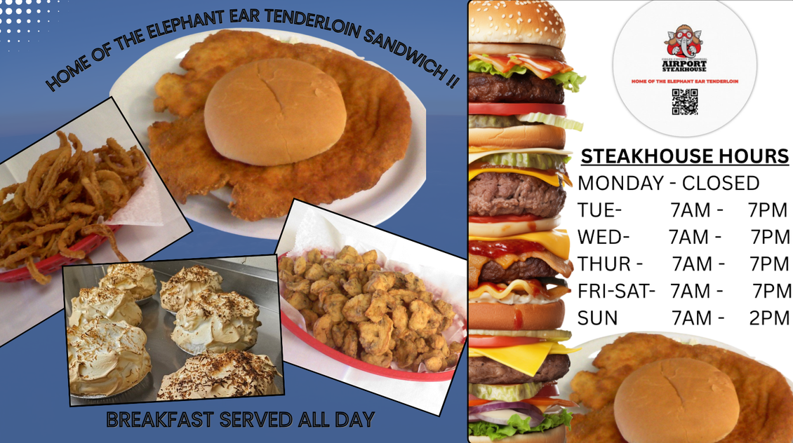 Restaurant flyer with breakfast plates, burgers, and steakhouse hours on a blue background