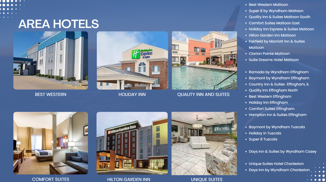 Area hotels brochure with six building photos and a list of property names on a blue background