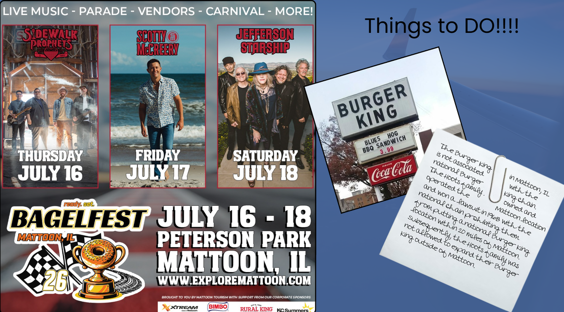 Promotional flyer collage for July events, including Burger King, Bagelfest, and Peterson Park Mattoon, IL.