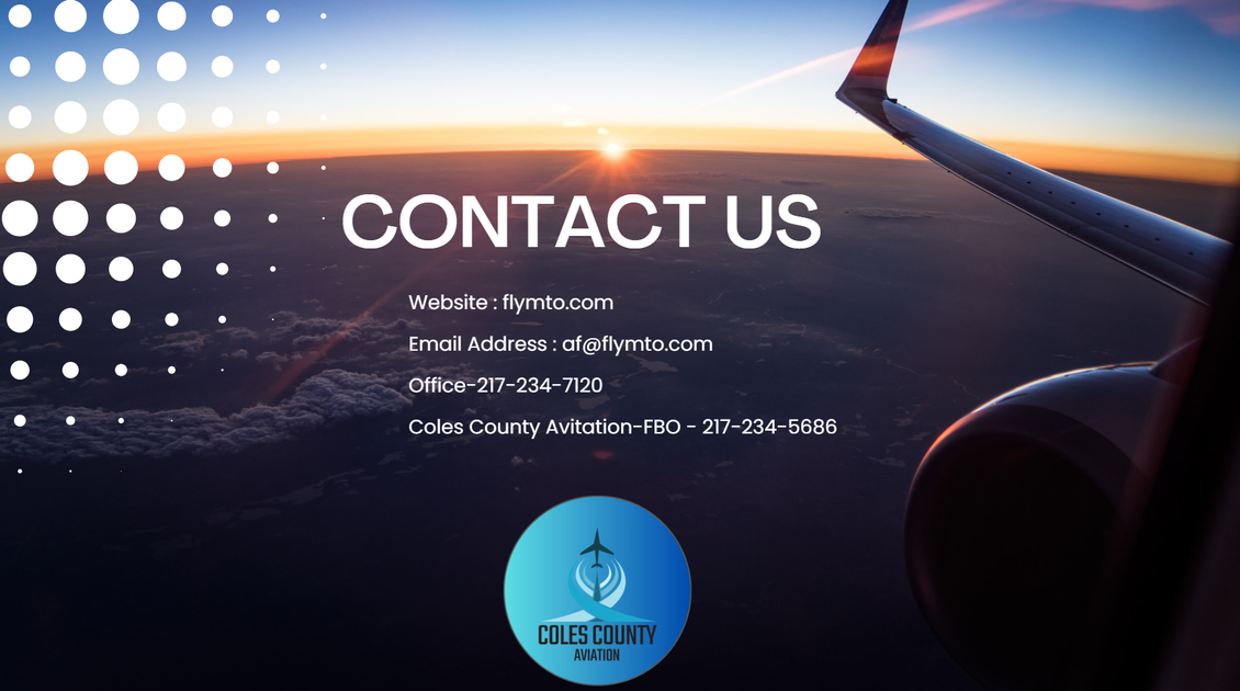 Contact us banner with airplane wing at sunset and white text on a dark blue background.