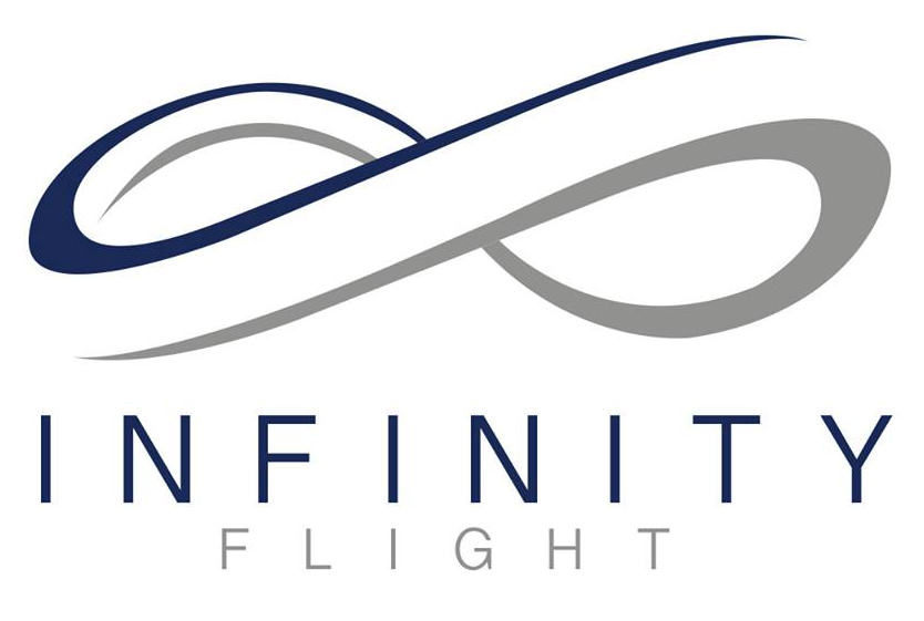 The logo for infinity flight is a blue and gray infinity symbol.