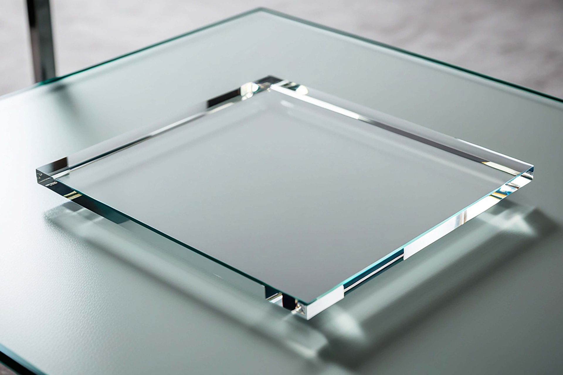 Clear glass square tray with raised edges on a white surface.