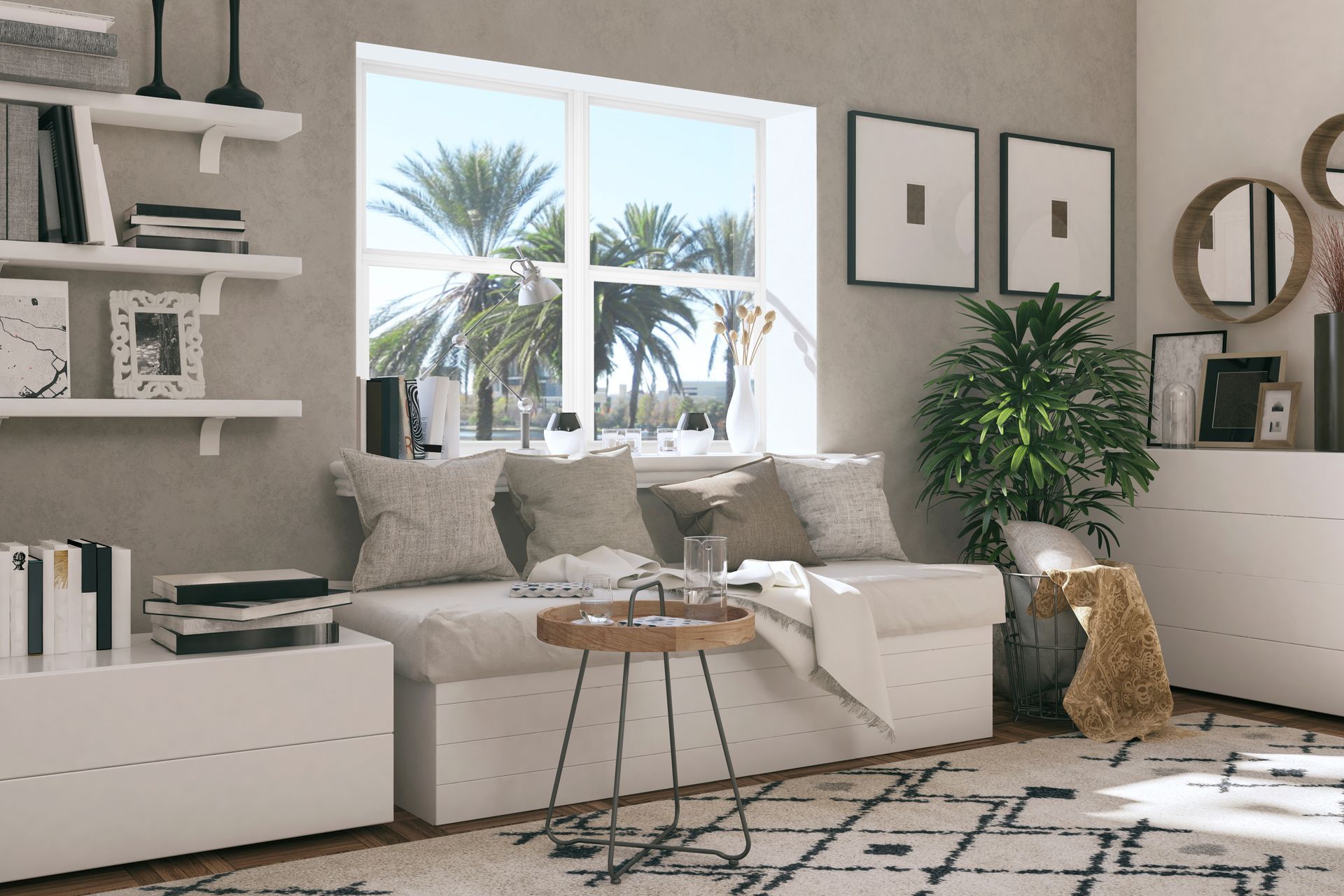 Bright living room with a white sofa, window seat, shelves, plants, and a patterned rug