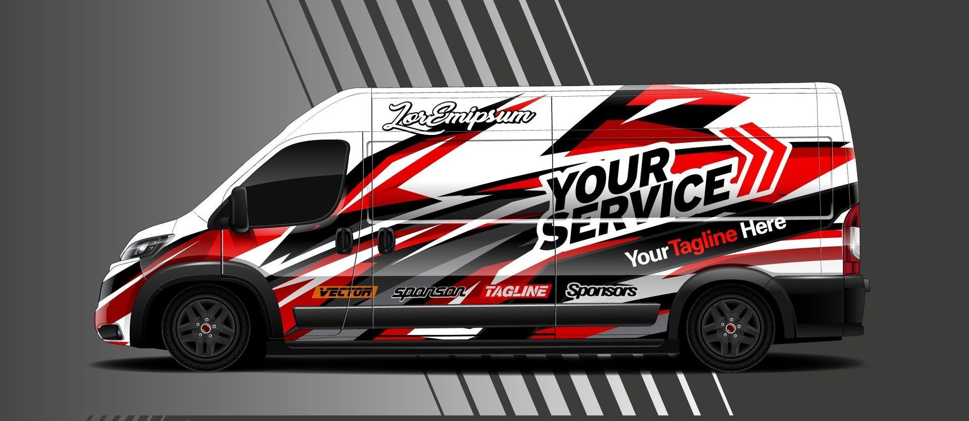 A red , white and black van with a racing design on it.
