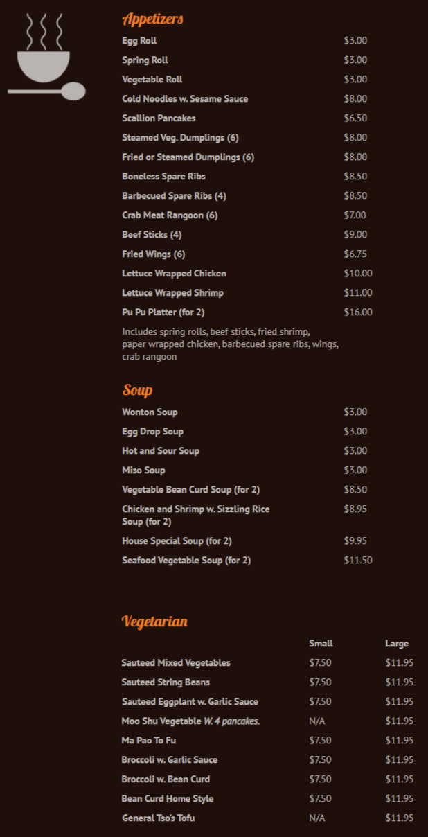 Peking Garden Chinese Appetizers Menu Greensburg, PA