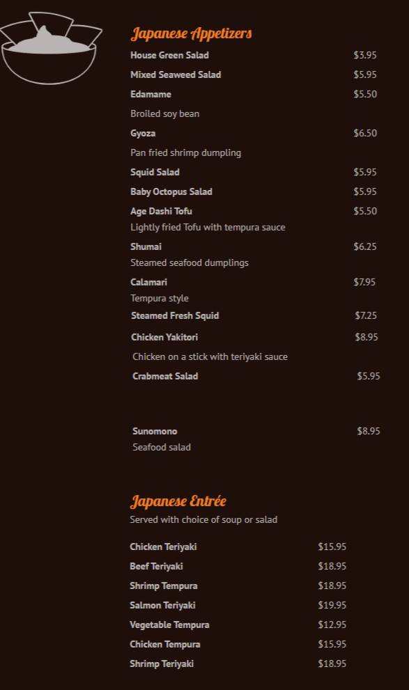 Japanese Appetizers - menu