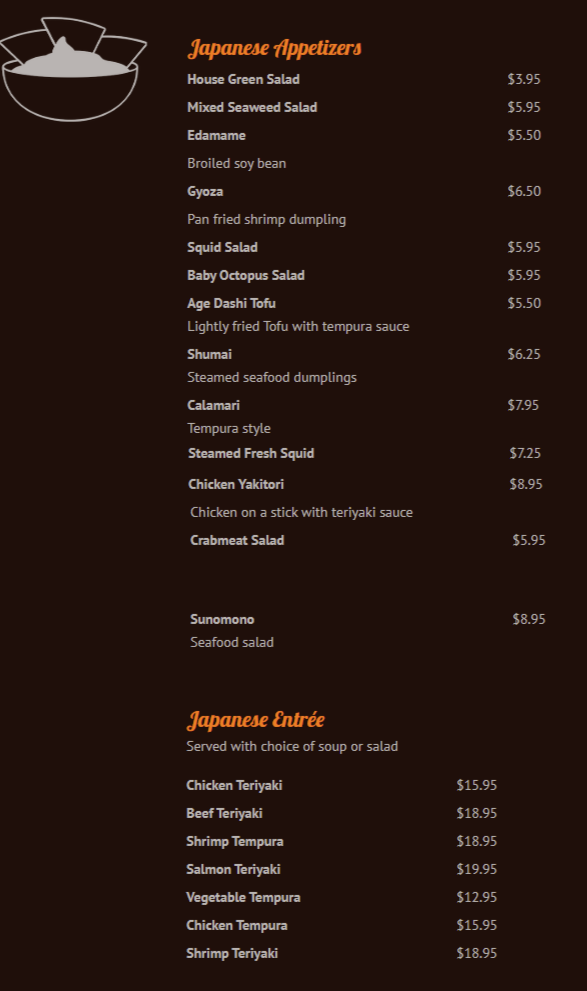 Peking Garden Japanese Appetizer and Entrees Menu Greensburg, PA