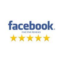 Facebook logo with five gold stars and the words “five star reviews”