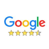 Google logo with five stars rating, four gold stars and one gray star