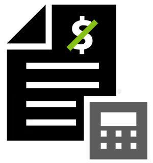 Black invoice with dollar sign crossed out and calculator icon, indicating billing or expense calculation