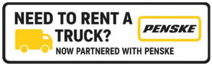 Penske ad with yellow truck icon and text, “Need to rent a truck? Now partnered with Penske.”