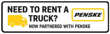 Penske ad with yellow truck icon and text, “Need to rent a truck? Now partnered with Penske.”