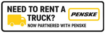 Penske ad with yellow truck icon and text, “Need to rent a truck? Now partnered with Penske.”