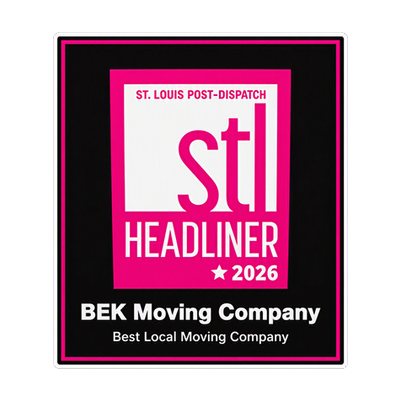 STL Headliner 2026 award badge for BEK Moving Company, pink and black with St. Louis Post-Dispatch logo
