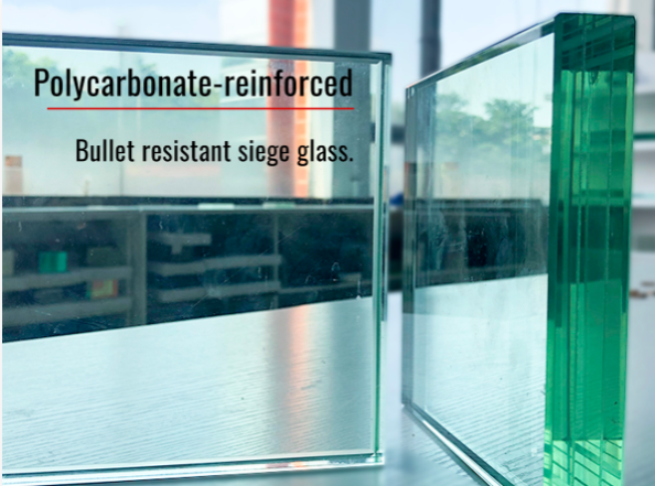 polycarbonate-reinforced bullet resistant siege glass samples on a table