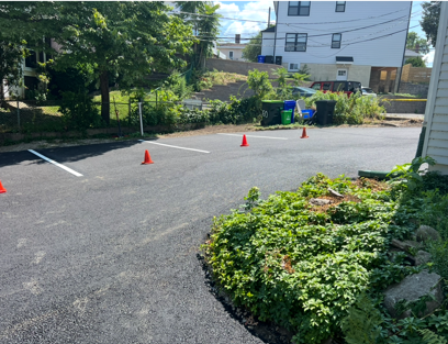 Empty parking lot with orange cones, white lines, trees, and a building in the background