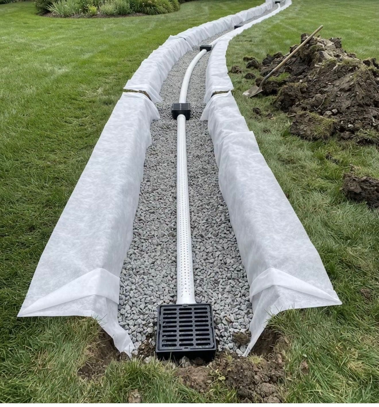 White silt fence trench drain installed along a grassy yard beside a soil pile