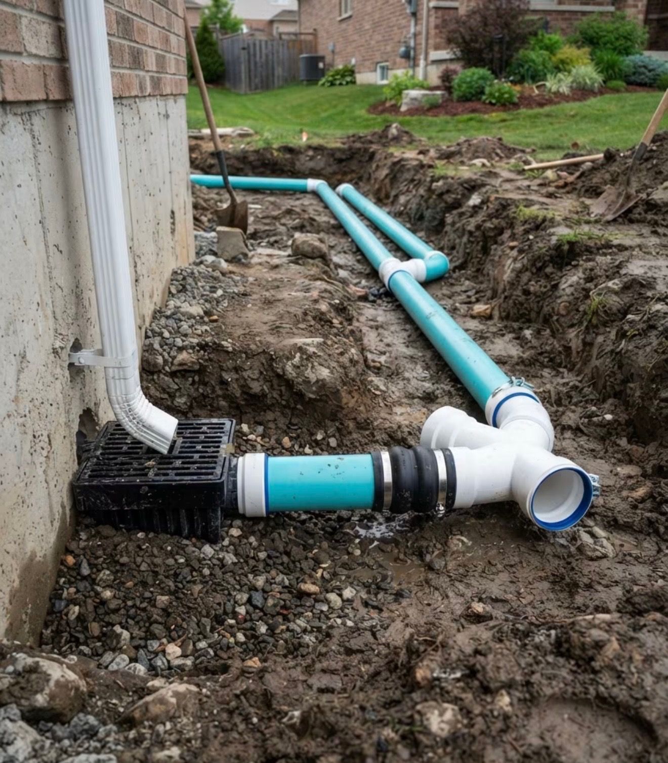 Outdoor plumbing trench with blue PVC pipes and white drainage fittings beside a house foundation