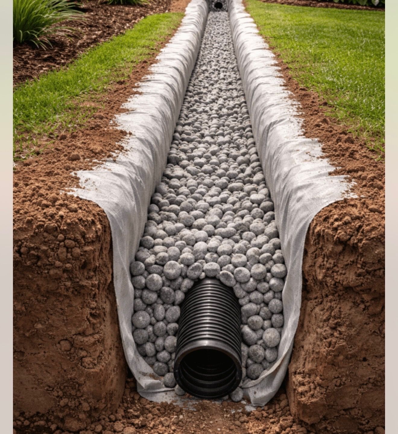 Cross-section of a roadside drainage ditch lined with white fabric, gravel, and a black corrugated pipe.