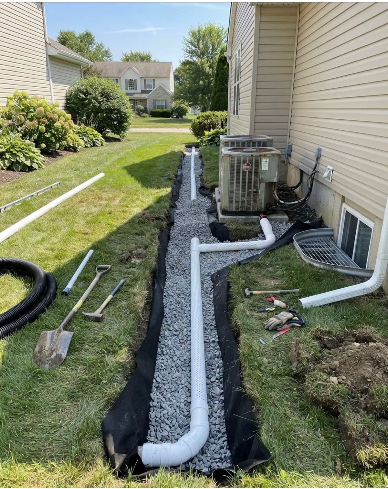 Trench with black liner and white drain pipe beside a house, with HVAC unit and yard tools nearby