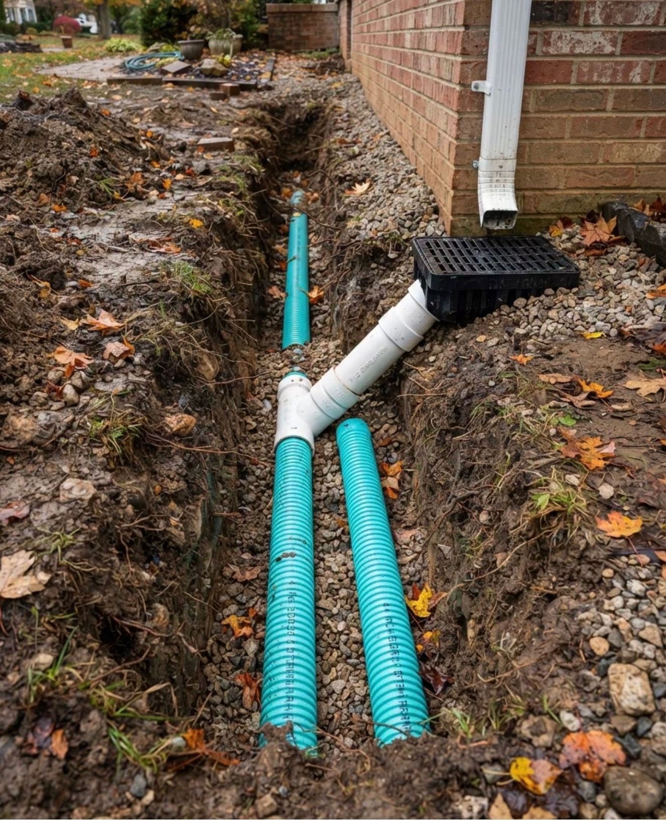 Open trench beside brick house with white downspout and blue drainage pipes connected to black grate
