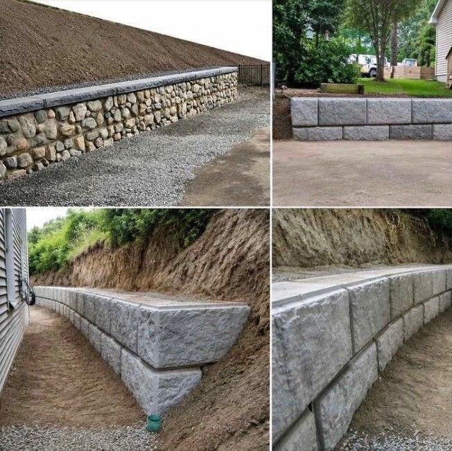 Stone retaining walls built into sloped landscaping, shown in four outdoor examples.