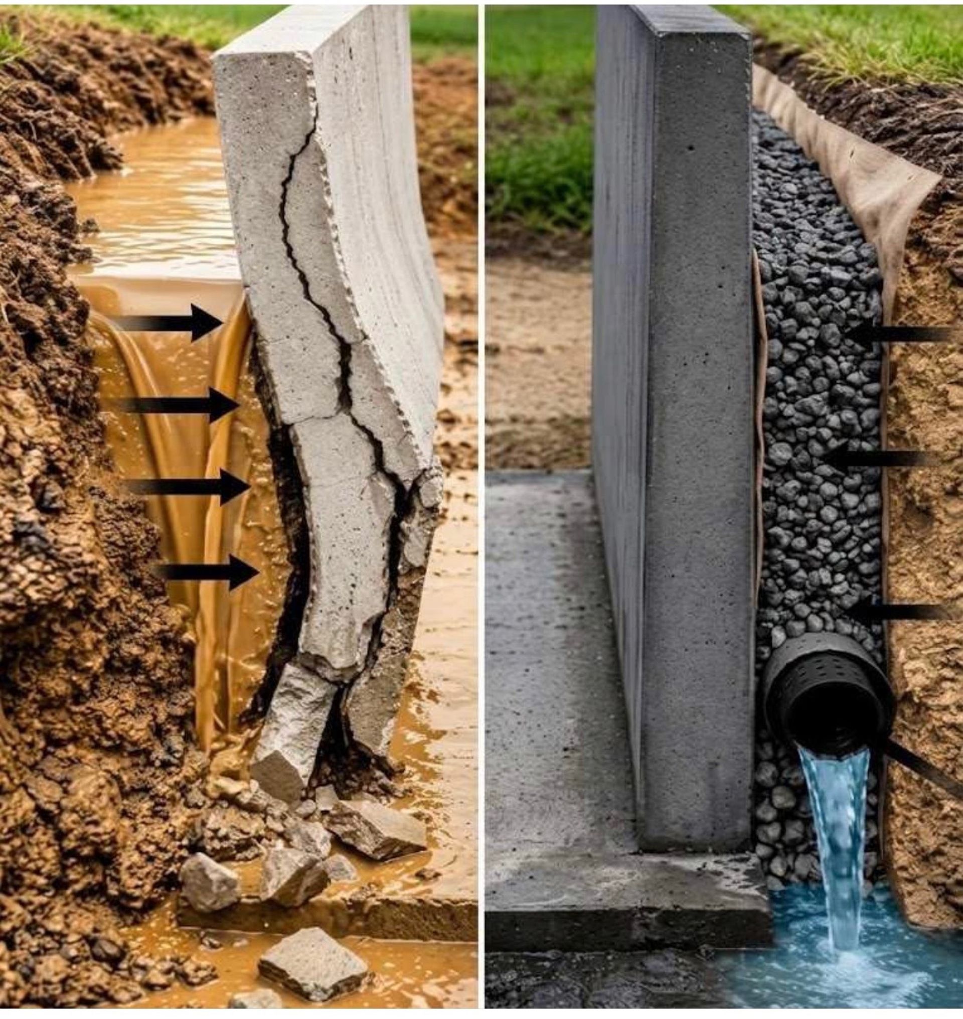 Split concrete drainage wall: cracked, leaning side-by-side with repaired wall and water pipe flowing runoff
