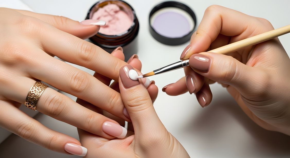 Person applying white polish with a brush to a French manicure, close-up. Nail polish jars in the background.