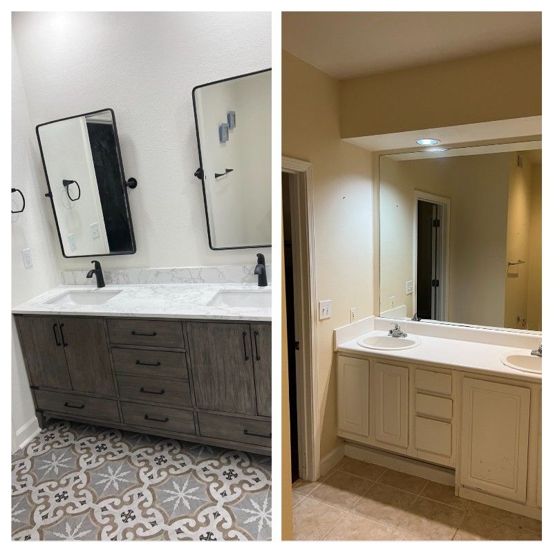 Bathroom remodel comparison: new vanity with gray cabinetry, tiled floor, and black framed mirrors. Old vanity is white with a large mirror.