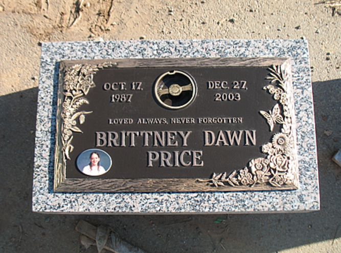 A bronze and granite headstone for Brittney Dawn Price, noting the dates Oct 17, 1987, to Dec 27, 2003, with a photo inset.