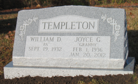 A grey granite headstone for the Templeton family, marking the lives of William D. (born 1932) and Joyce G. (1936–2012).