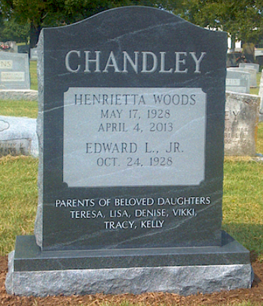 A dark grey granite headstone for the Chandley family, listing Henrietta Woods and Edward L. Jr. with their daughters.