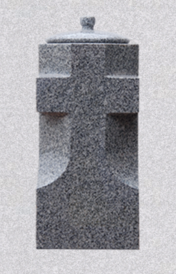 A gray granite funeral urn with a cross-shaped cutout design and a circular lid.