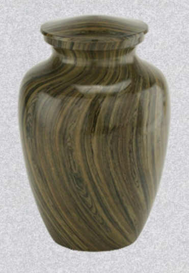 A classic, teardrop-shaped funeral urn with a polished finish featuring swirling patterns of brown, tan, and black.