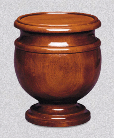 A polished, reddish-brown wooden urn with a classic, rounded body and a sturdy circular base, set against a grey background.