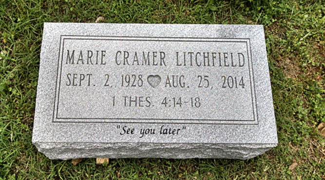 A gray granite headstone for Marie Cramer Litchfield, dates 1928-2014, with the inscription 