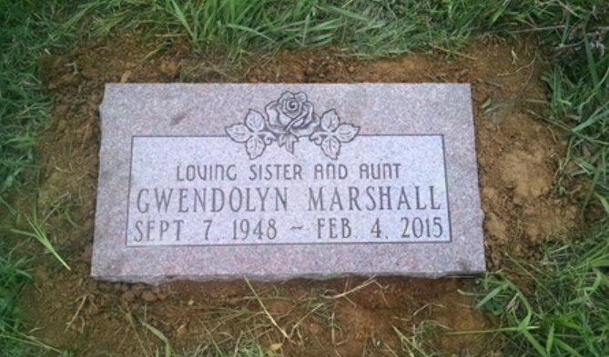 A granite grave marker for Gwendolyn Marshall, noting her birth date Sept 7, 1948, and death date Feb 4, 2015.