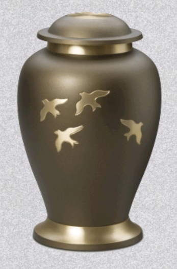A bronze-colored cremation urn featuring a metallic gold base, lid trim, and a three-bird motif.