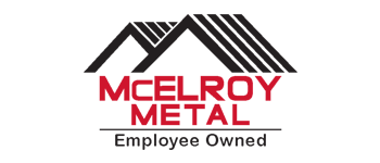 Logo of McElroy Metal, featuring a roof graphic above the red text