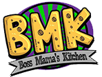 A yellow logo reading "BMK" in a swiss-cheese style, over a purple and green sunburst, with "Boss Mama's Kitchen" below.